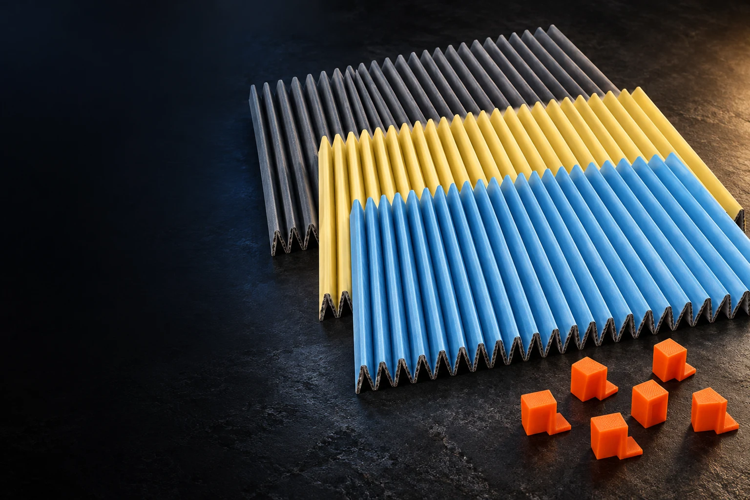 Gamme FAC : filtres plissés Graphite gris, Safran jaune, Azur bleu et clips orange