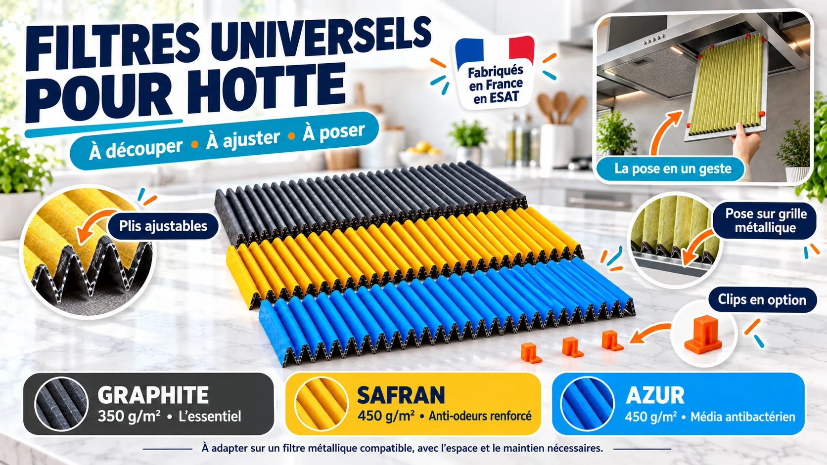 Filtres universels pour hotte fabriqués en France en ESAT : Graphite 350 g/m², Safran anti-odeurs renforcé et Azur avec traitement antibactérien du média à 450 g/m². Plis ajustables, pose sur grille métallique compatible, clips en option.